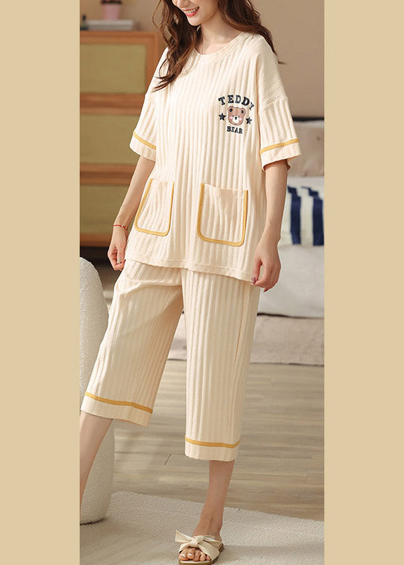 Casual Beige O-Neck Print Cozy Cotton Pajamas Two Pieces Set Summer