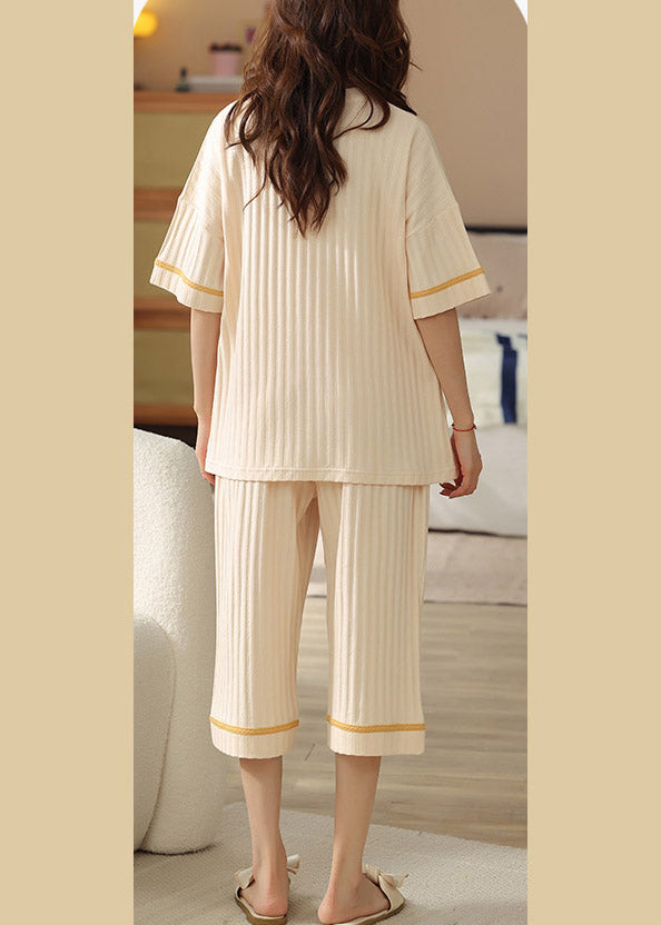 Casual Beige O-Neck Print Cozy Cotton Pajamas Two Pieces Set Summer
