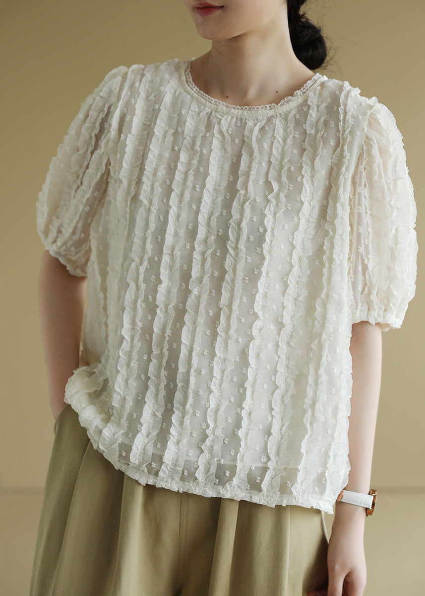 Casual Beige O-Neck Ruffled Jacquard Silk Shirts Short Sleeve