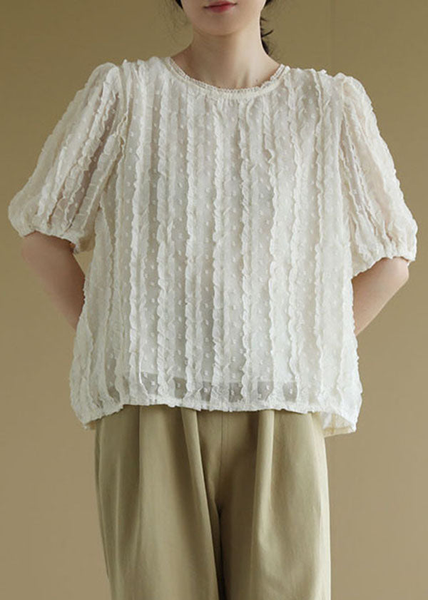 Casual Beige O-Neck Ruffled Jacquard Silk Shirts Short Sleeve