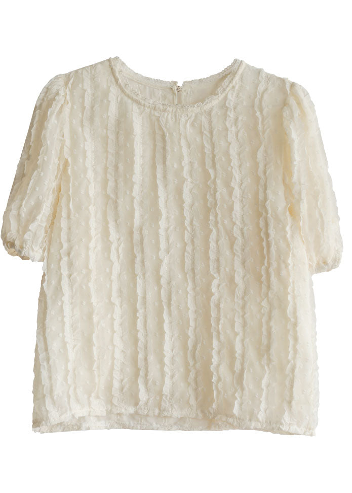 Casual Beige O-Neck Ruffled Jacquard Silk Shirts Short Sleeve