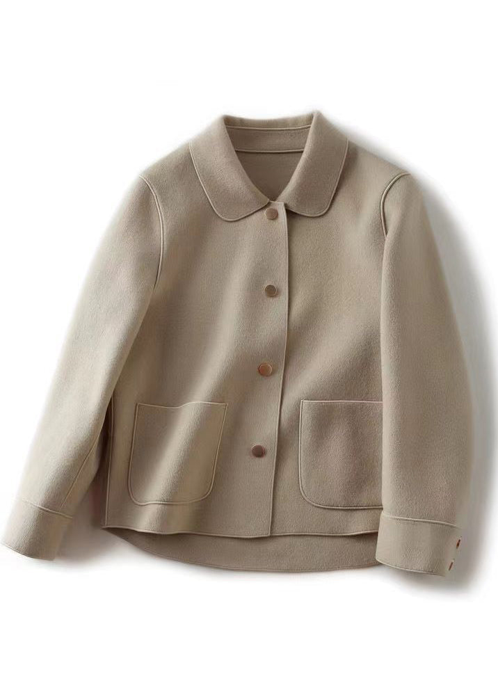 Casual Beige Peter Pan Collar Pockets Woolen Coat Fall