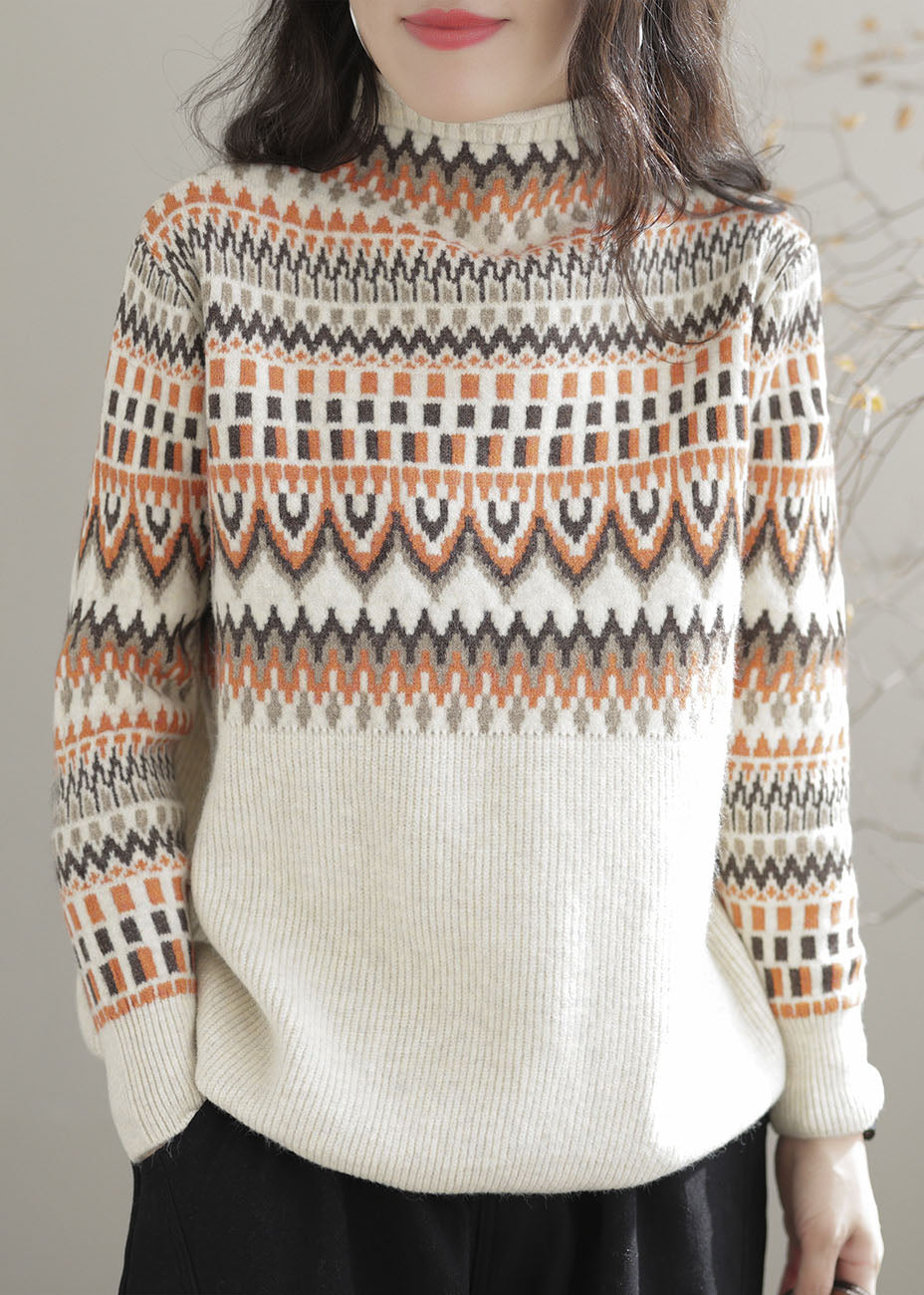 Casual Beige Turtle Neck Thick Print Knit Sweater Tops Winter
