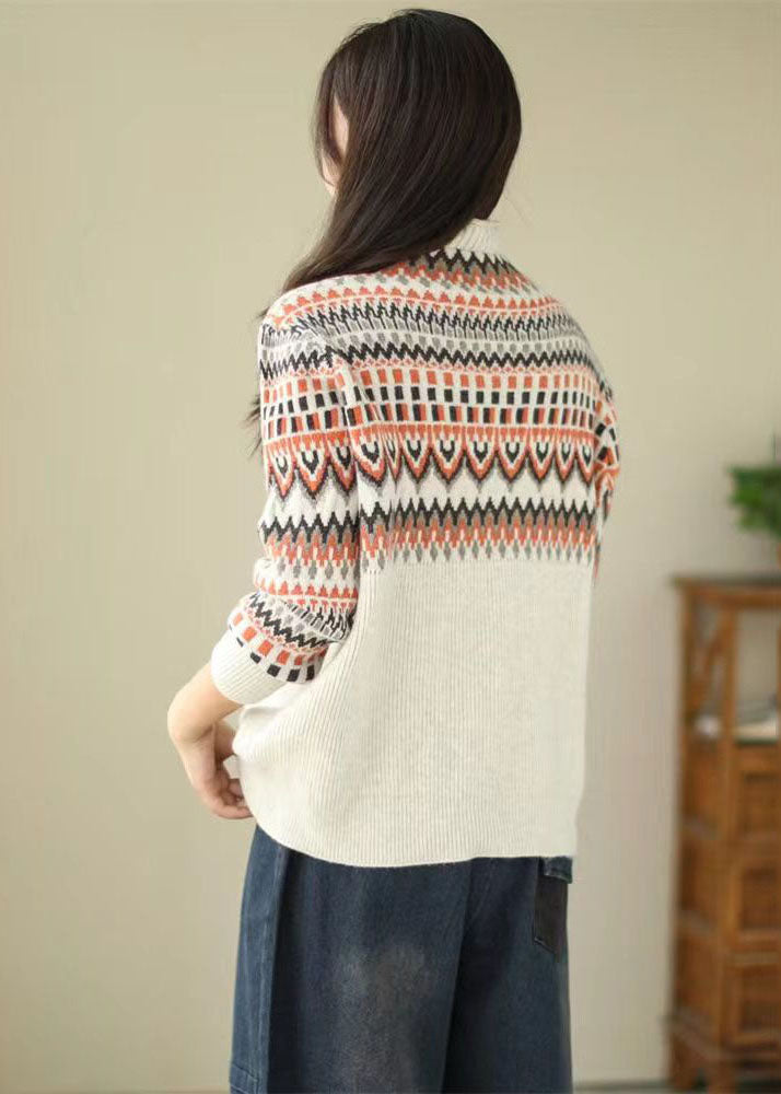 Casual Beige Turtle Neck Thick Print Knit Sweater Tops Winter