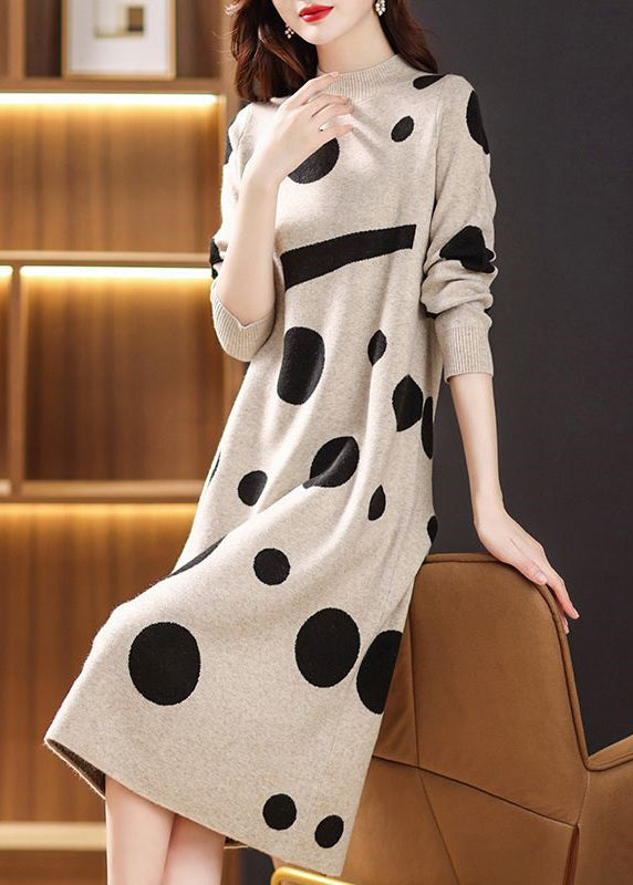 Casual Beige Turtleneck Print Patchwork Knit Long Sweater Fall