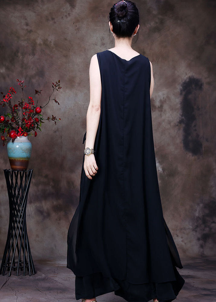 Casual Black Asymmetrical Design Chiffon Long Dresses Sleeveless