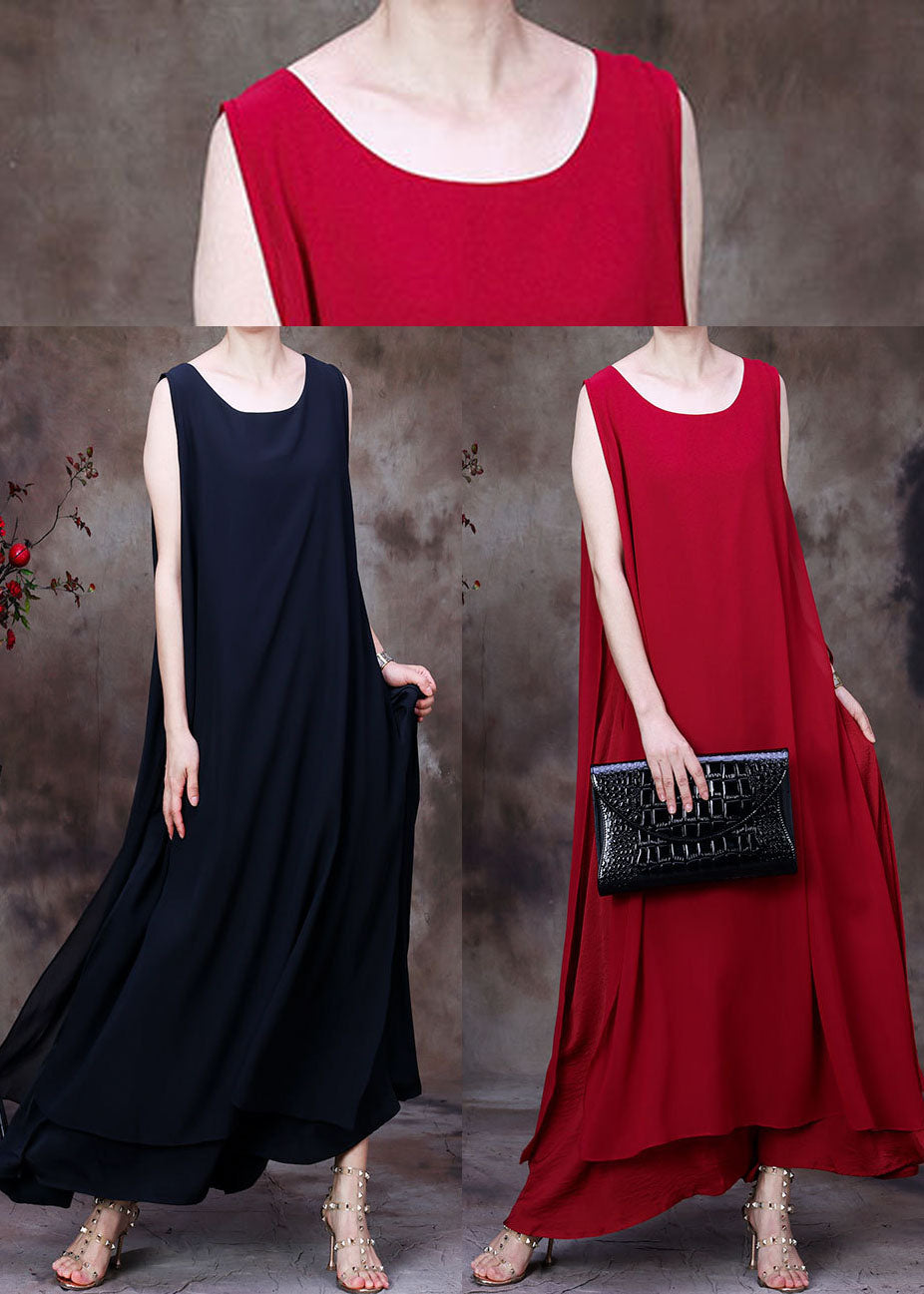 Casual Black Asymmetrical Design Chiffon Long Dresses Sleeveless