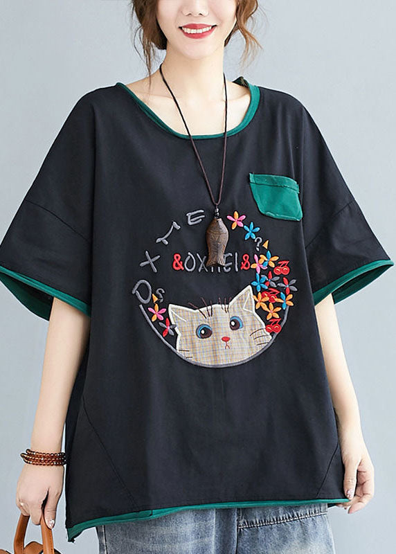 Casual Black Cats Embroideried Patchwork Cotton Shirt Tops Summer