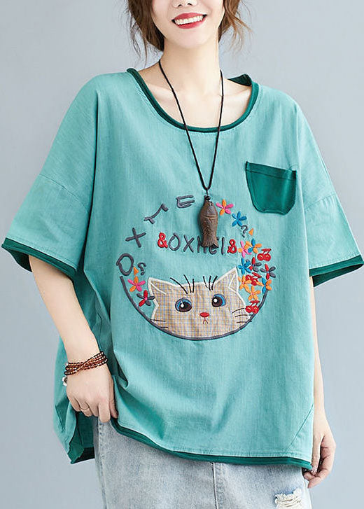 Casual Black Cats Embroideried Patchwork Cotton Shirt Tops Summer