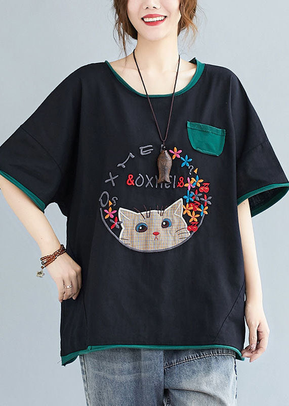 Casual Black Cats Embroideried Patchwork Cotton Shirt Tops Summer