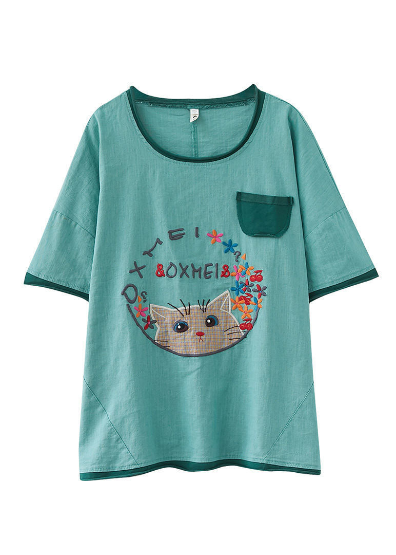 Casual Black Cats Embroideried Patchwork Cotton Shirt Tops Summer