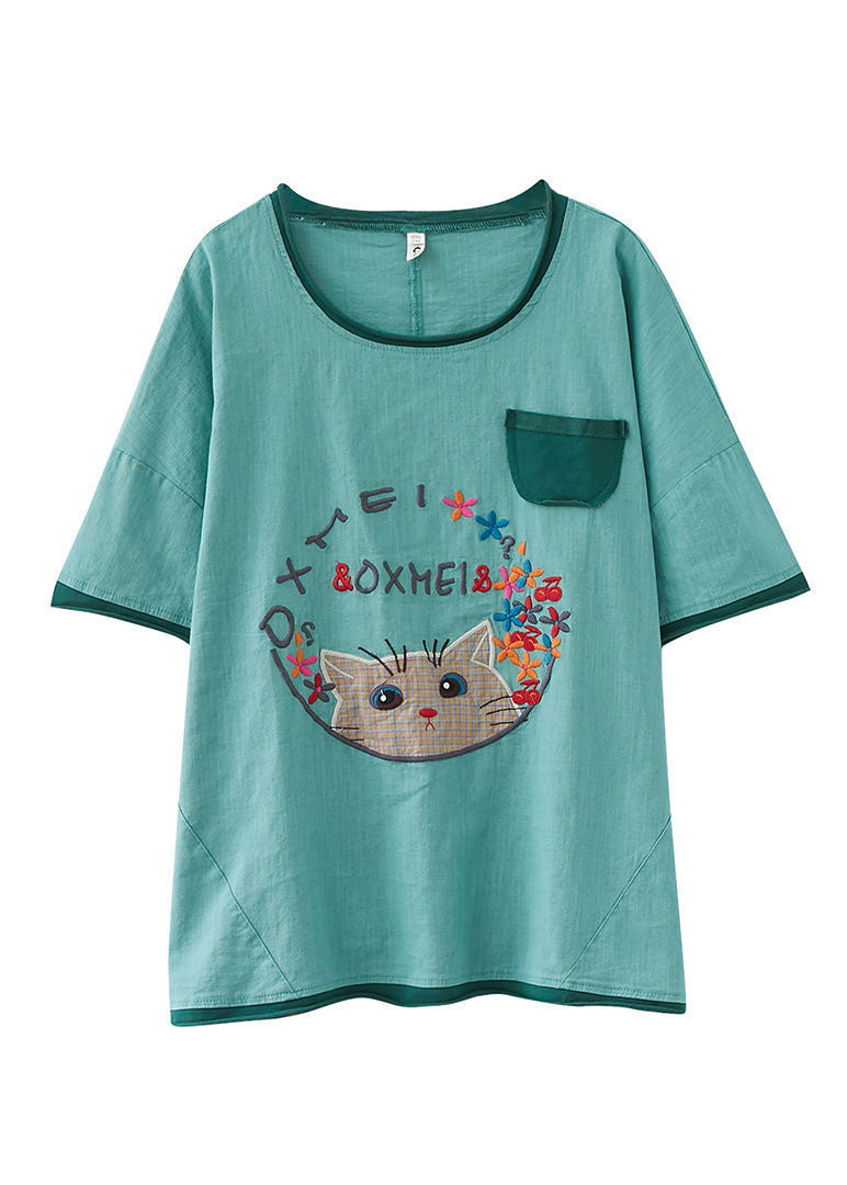 Casual Black Cats Embroidered Patchwork Cotton Shirt Tops Summer