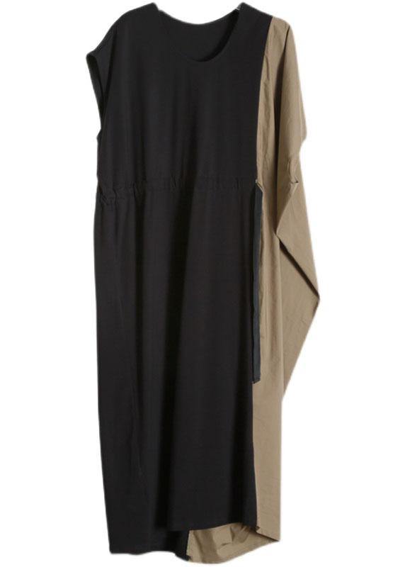 Casual Black Chocolate Patchwork tie waist Summer Cotton Dress - Omychic