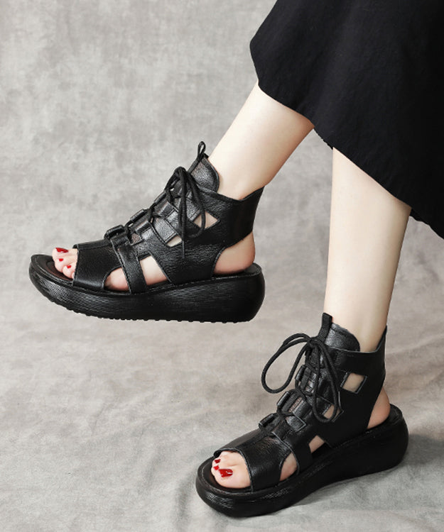 Casual Black Cowhide Leather Peep Toe Lace Up Gladiator Wedge Sandals