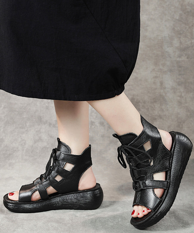 Casual Black Cowhide Leather Peep Toe Lace Up Gladiator Wedge Sandals