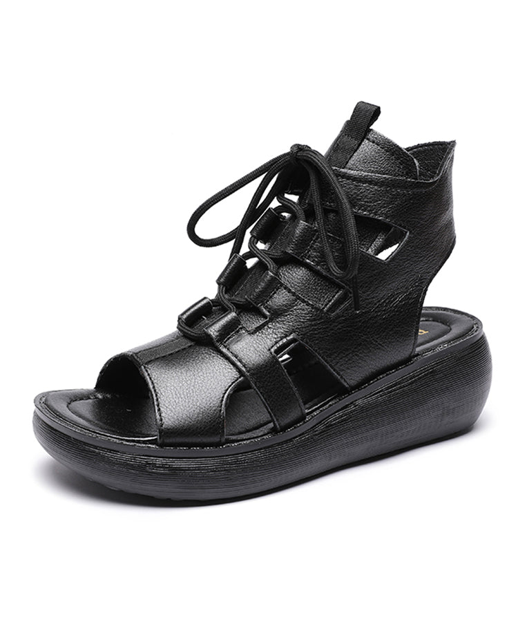 Casual Black Cowhide Leather Peep Toe Lace Up Gladiator Wedge Sandals