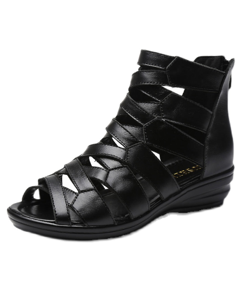 Casual Black Cowhide Peep Toe Cross Strap Sandals