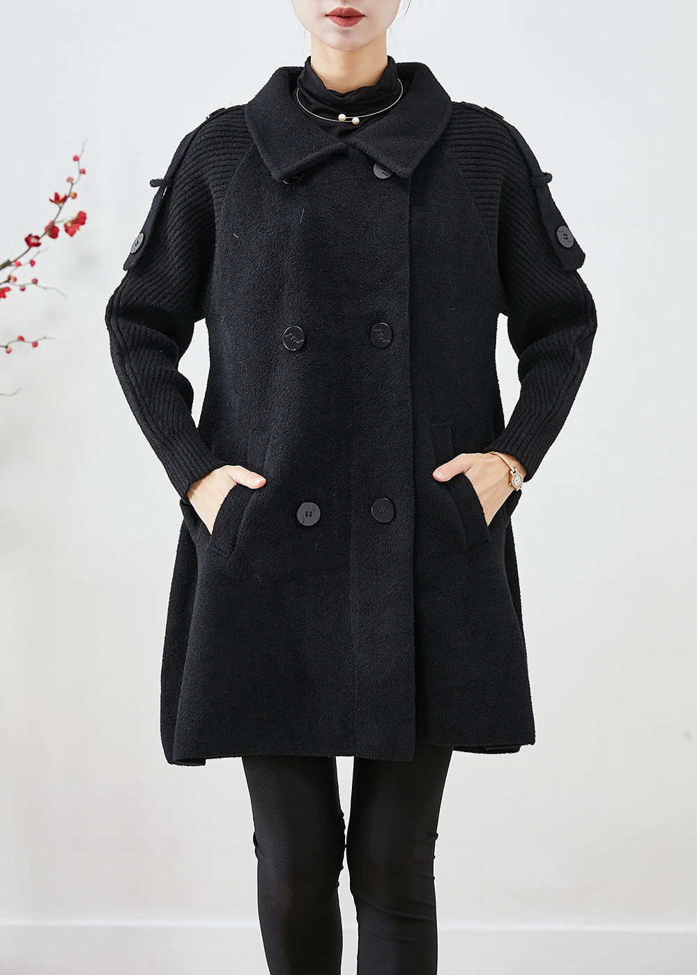 Casual Black Double Breast Patchwork Woolen Trench Coats Fall