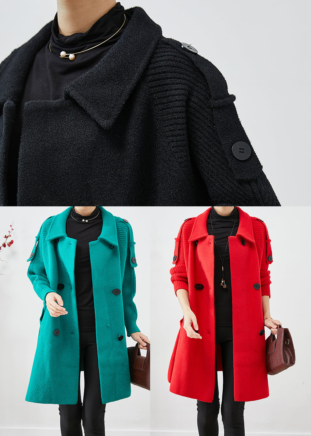 Casual Black Double Breast Patchwork Woolen Trench Coats Fall