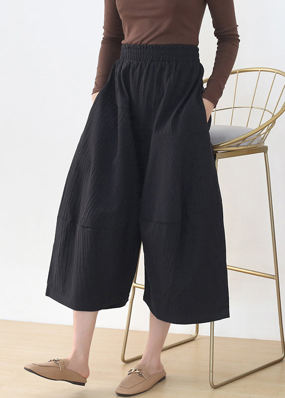 Casual Black Elastic Waist Pockets Linen Wide Leg Pants Fall