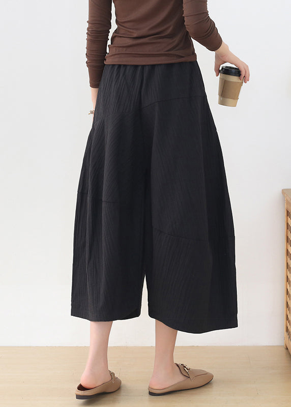 Casual Black Elastic Waist Pockets Linen Wide Leg Pants Fall