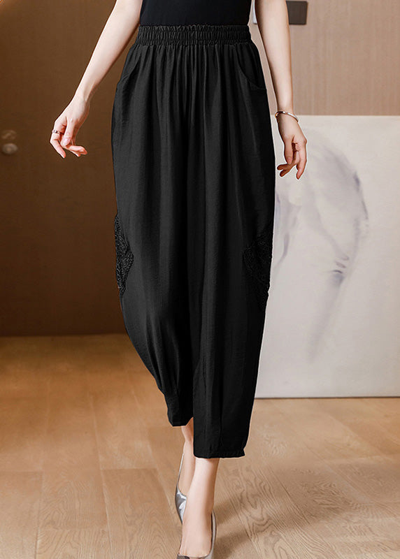 Casual Black Embroideried Floral Linen Crop Pants Spring