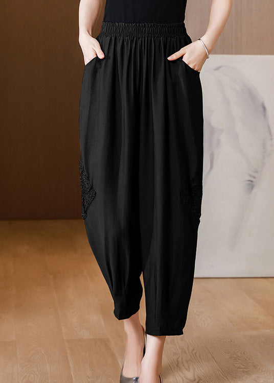 Casual Black Embroideried Floral Linen Crop Pants Spring
