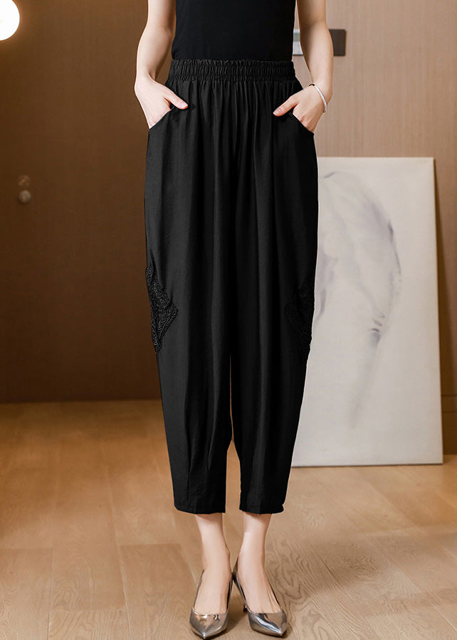 Casual Black Embroideried Floral Linen Crop Pants Spring
