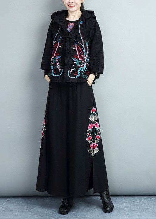 Casual Black Embroideried Warm Fleece Coats And Pants Skirts Two Pieces Set Batwing Sleeve