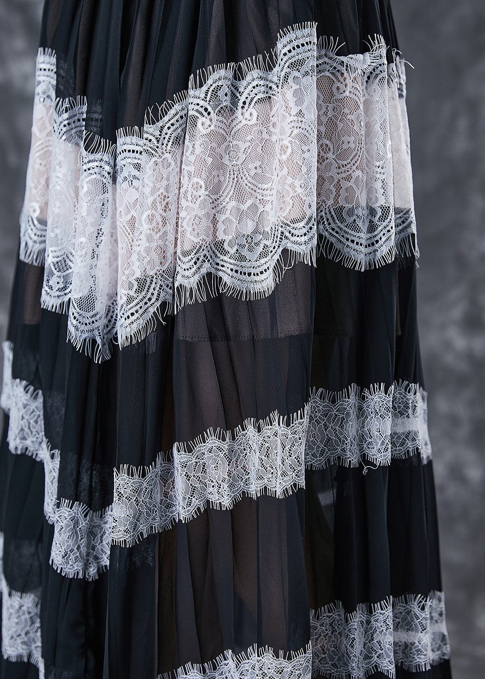Casual Black Exra Large Hem Patchwork Lace Linen Silk Pleated Dresses Sleeveless