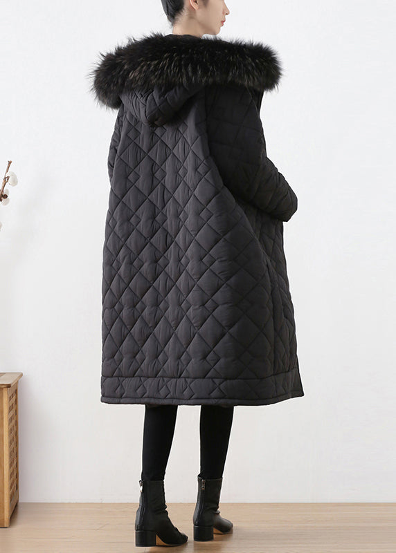 Casual Black Fur Collar Zippered Thick Hooded Parka Winter