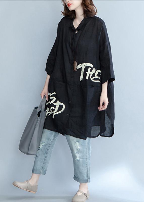 Casual Black Graphic Pockets Cotton Long Sleeve Spring Shirt - Omychic