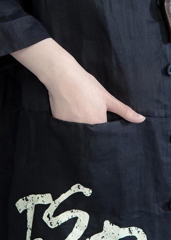 Casual Black Graphic Pockets Cotton Long Sleeve Spring Shirt - Omychic