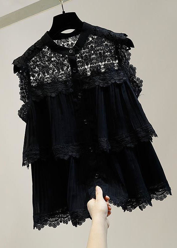 Casual Black Hollow Out Lace Patchwork Cotton Shirt Sleeveless