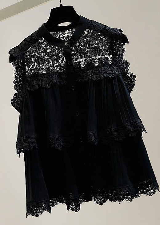 Casual Black Hollow Out Lace Patchwork Cotton Shirt Sleeveless