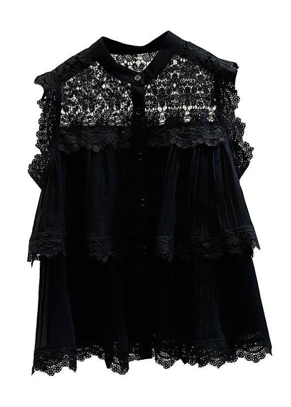 Casual Black Hollow Out Lace Patchwork Cotton Shirt Sleeveless