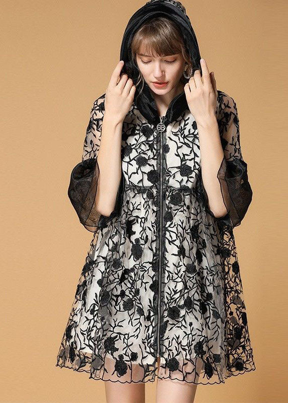 Casual Black Hooded Embroideried Patchwork Organza Coats Half Sleeve