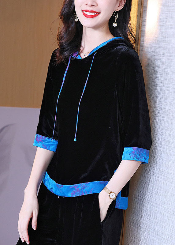 Casual Black Hooded Patchwork Silk Velour Pullover Sweatshirt Half sleeve