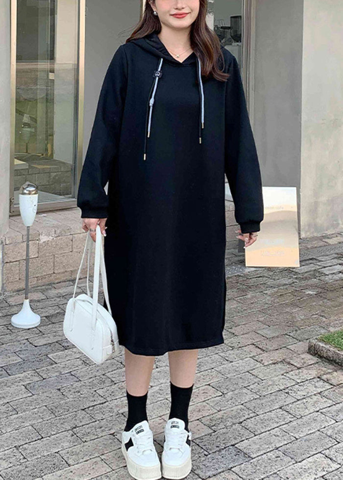 Casual Black Hooded Thick Warm Fleece Sweatshirt Dress Winter
