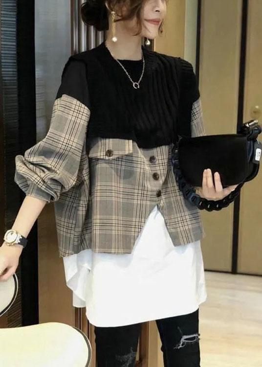 Casual Black Knit Patchwork Plaid Fall Long sleeve Shirt - Omychic