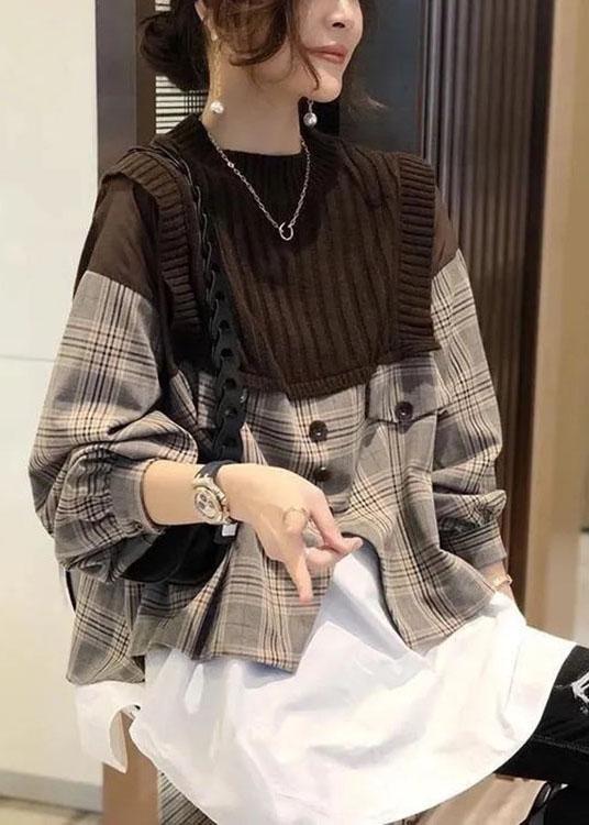 Casual Black Knit Patchwork Plaid Fall Long sleeve Shirt - Omychic