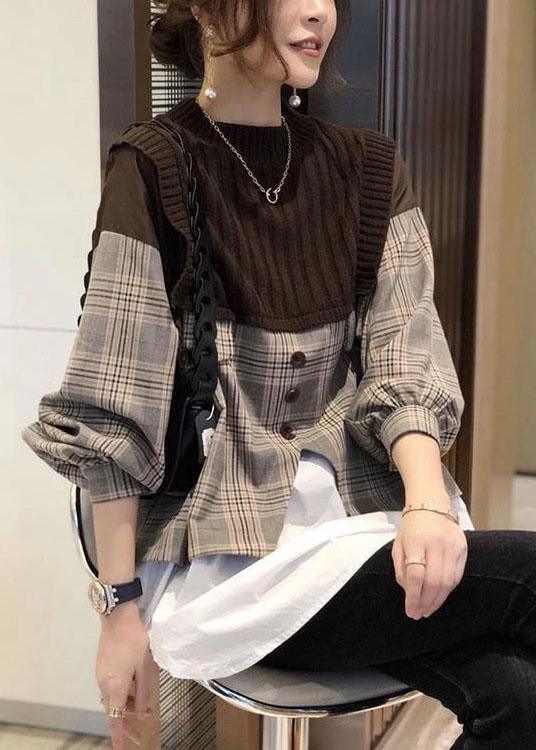 Casual Black Knit Patchwork Plaid Fall Long sleeve Shirt - Omychic