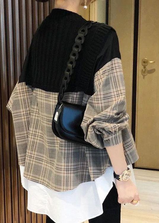 Casual Black Knit Patchwork Plaid Fall Long sleeve Shirt - Omychic