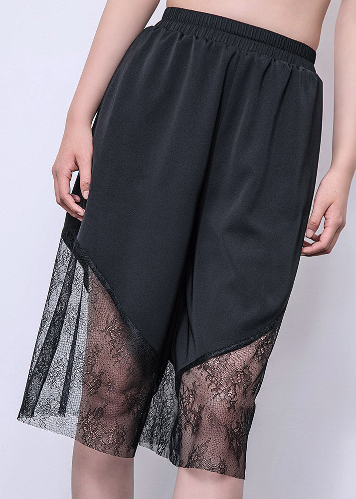Casual Black Lace Patchwork Chiffon Crop Wide Leg Pants Summer