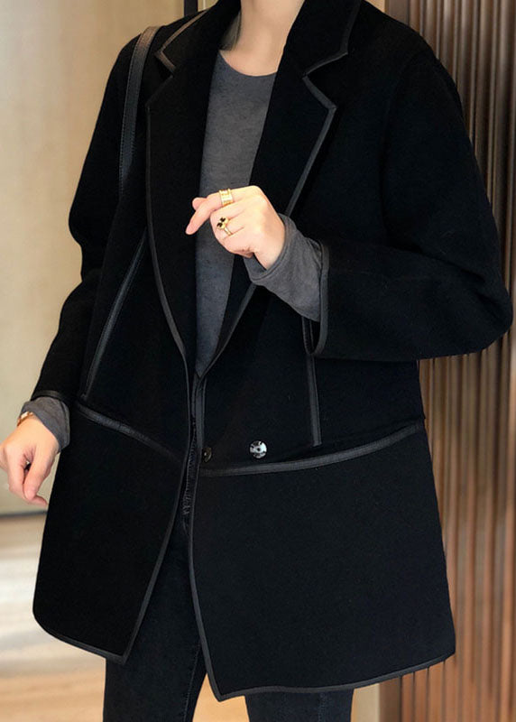 Casual Black Notched Patchwork Pockets Wool Blend Coat Fall