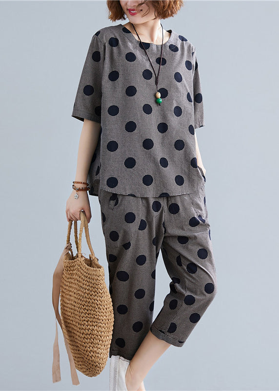 Casual Black O-Neck Button Plaid Dot Cotton Top elastic waist Pants Two Pieces Set Half Sleeve