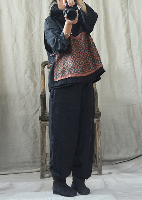Casual Black O-Neck Print Linen Waistcoat And Pants Two Pieces Set Fall