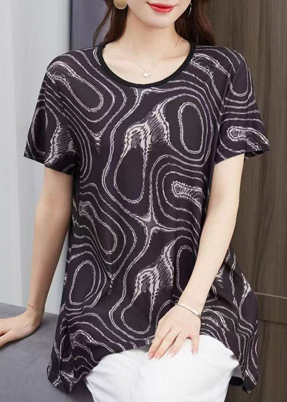 Casual Black O Neck Print Patchwork Cotton T Shirt Top Summer