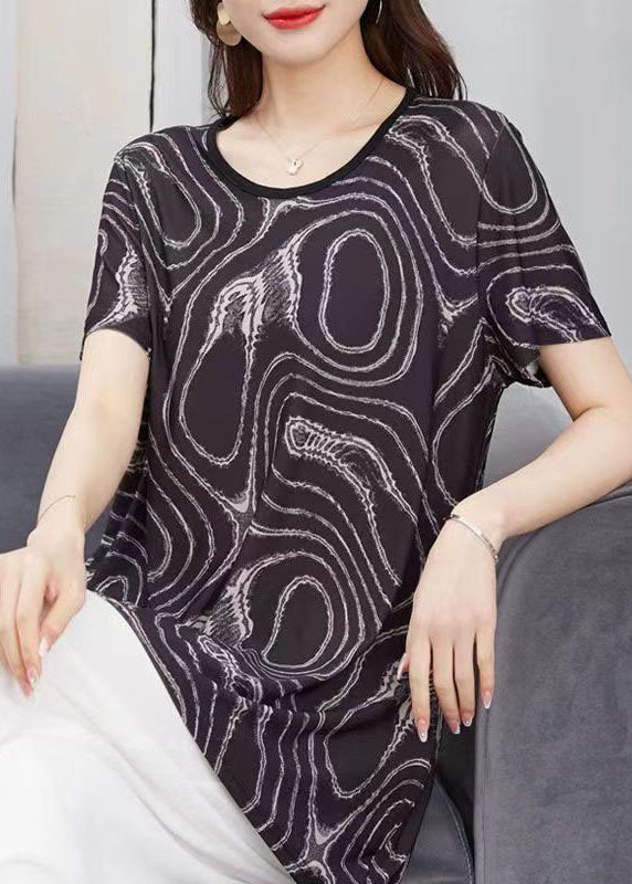 Casual Black O Neck Print Patchwork Cotton T Shirt Top Summer