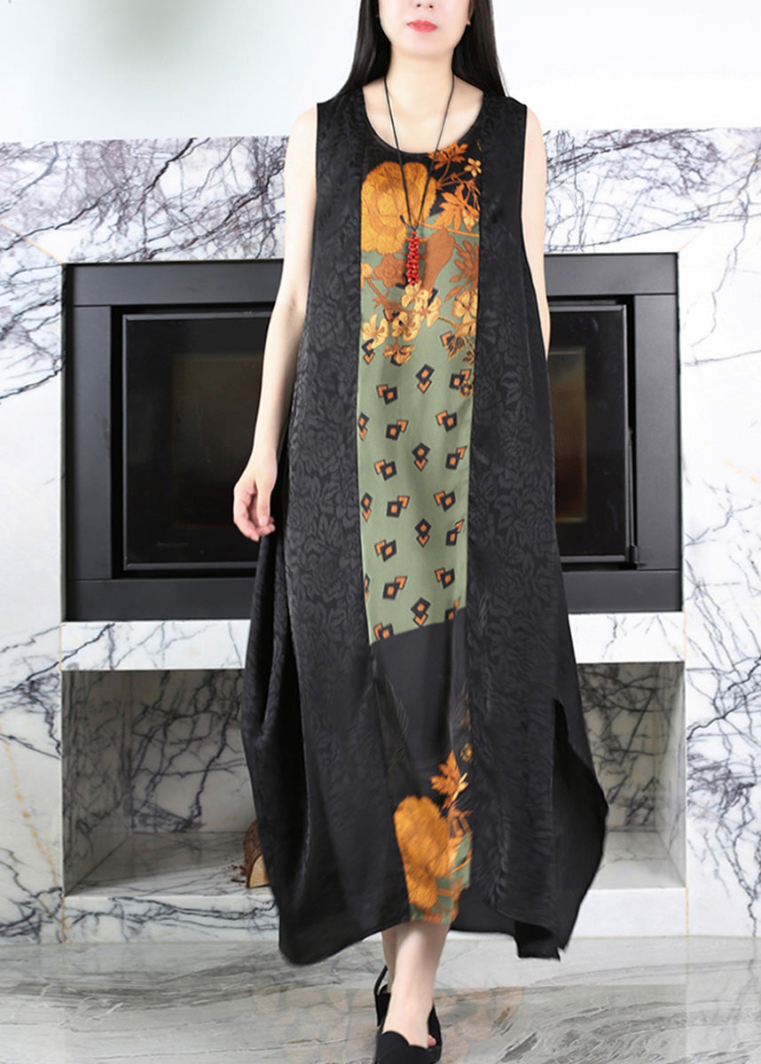 Casual Black O-Neck Print Side Open Silk Maxi Dress
